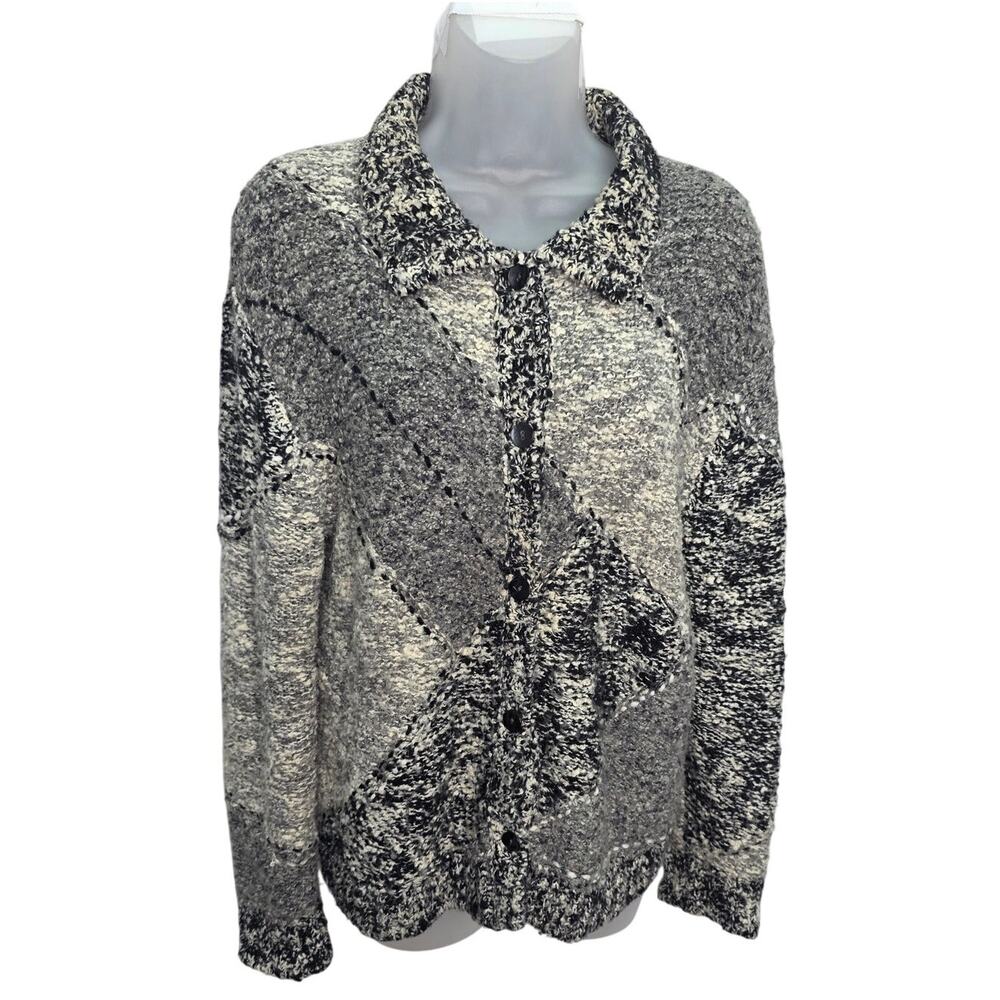 Vintage Chico's Design Sweater Cardigan Gray Black Marled Button Front Size M
